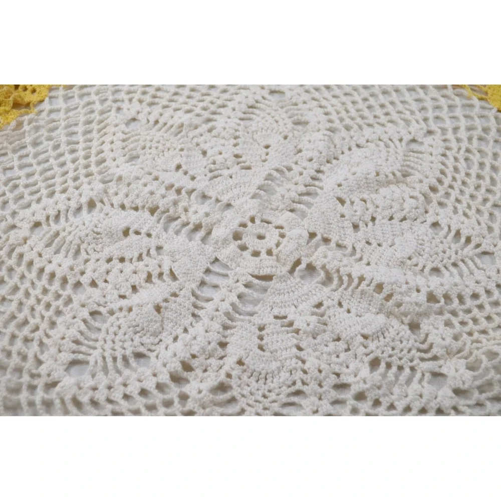 Vintage Round White & Yellow Handmade Crochet Doily 22